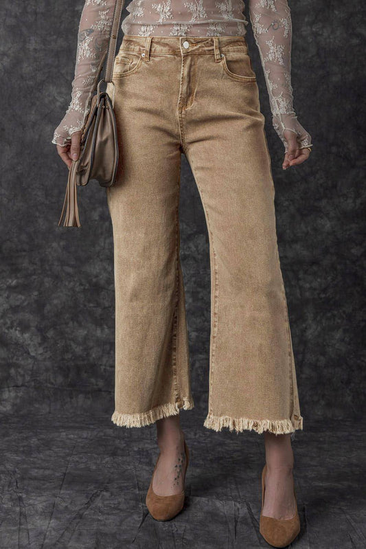 Jeans a gamba larga cropped a vita alta lavati in acido beige francese chiaro