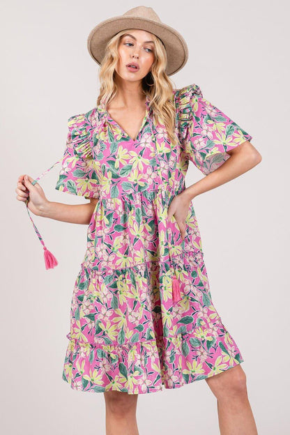 Sage + Fig Floral Ruffle Short Sleeve Dress