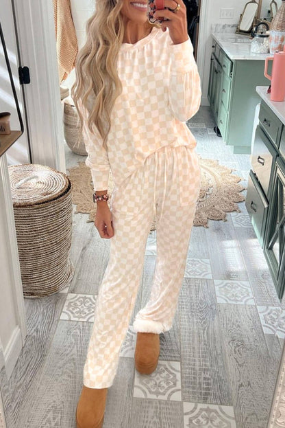 Beige geruite print met lange mouwen top en broek lounge set