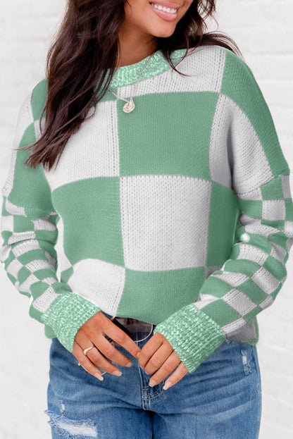 Mint Green Checkered Print Drop Shoulder tröja