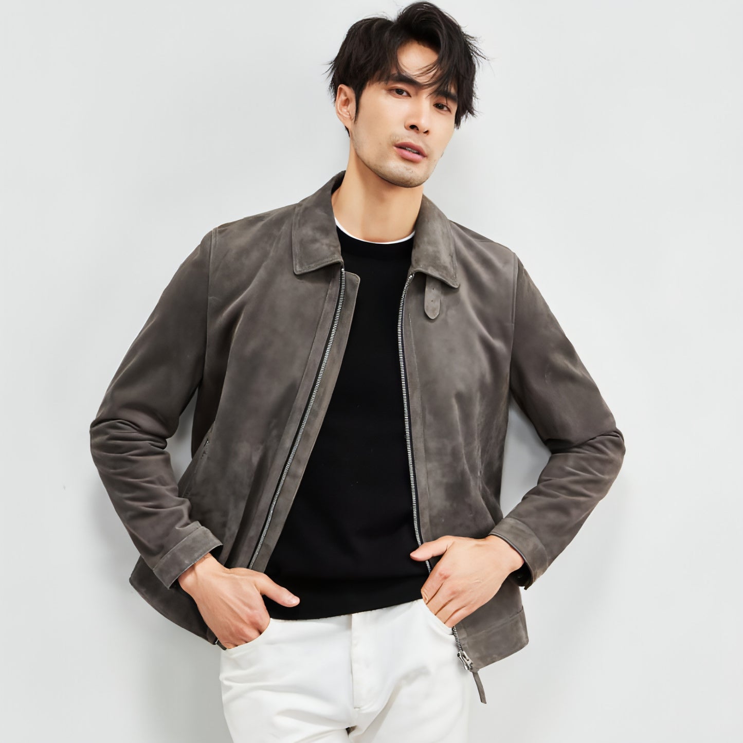 A1. Men's Lambskin Suede Lapel Biker's Leather Jacket