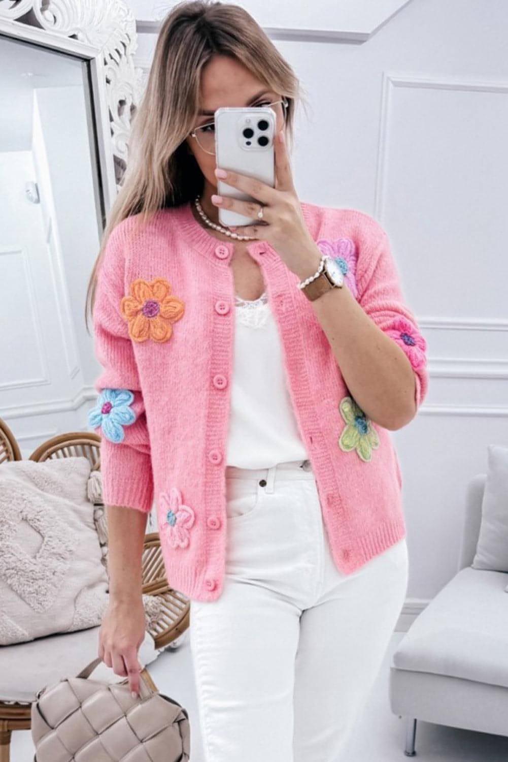 Pink Cute Knitting Floral Pattern Button Up Cardigan