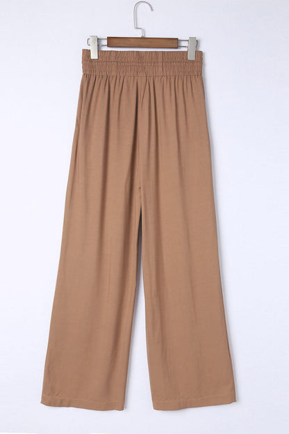 Brown Drawstring Elastic Waist Casual Wide Leg Pants