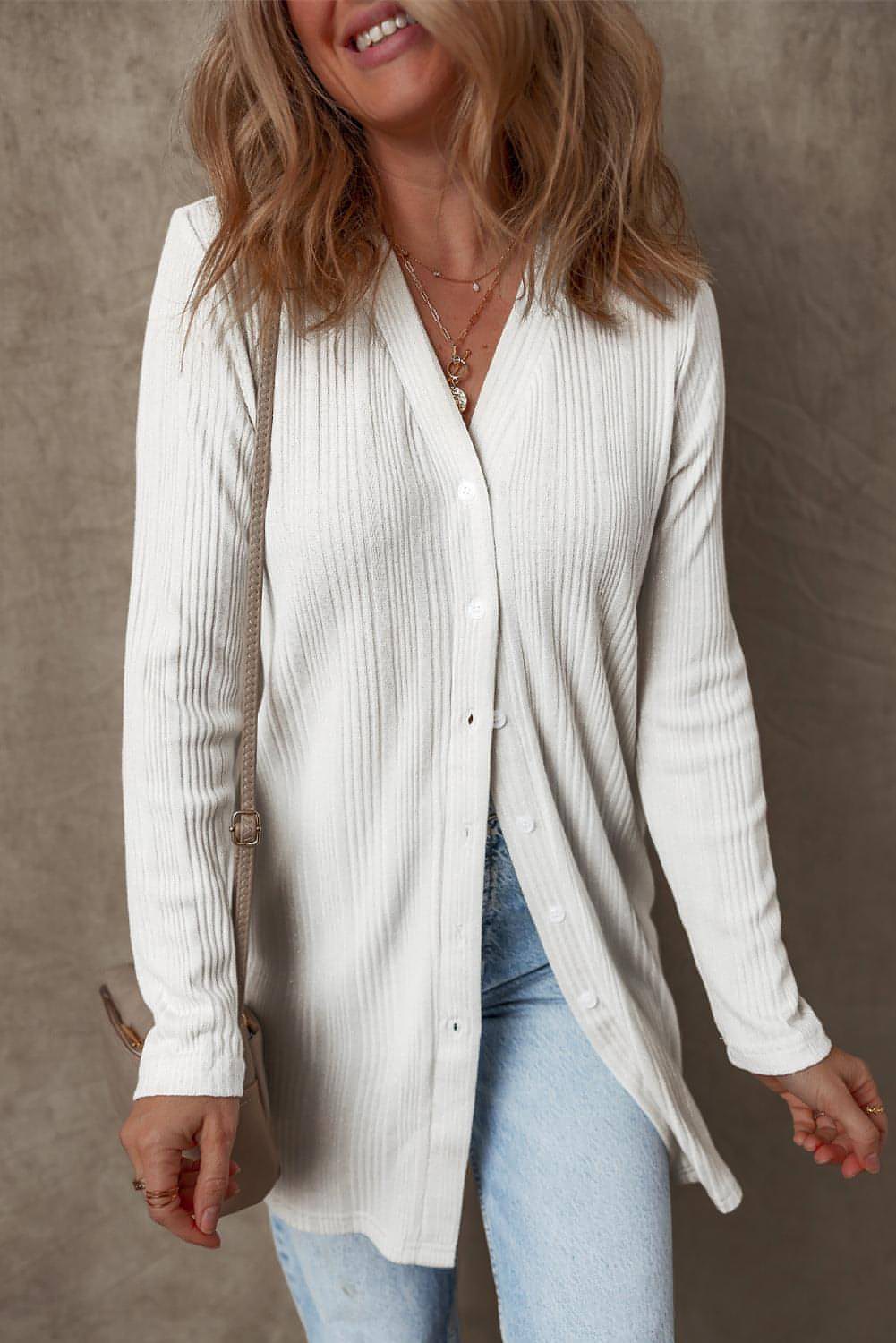 Vit fast färg Ribbed -knapp upp tunika Cardigan