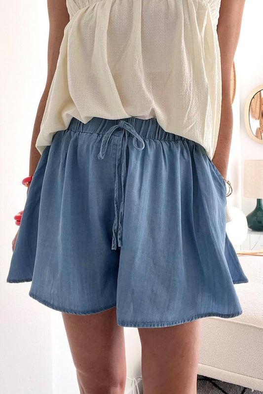 Dusk Blue Snøring Elastisk midje Denimshorts med brede ben