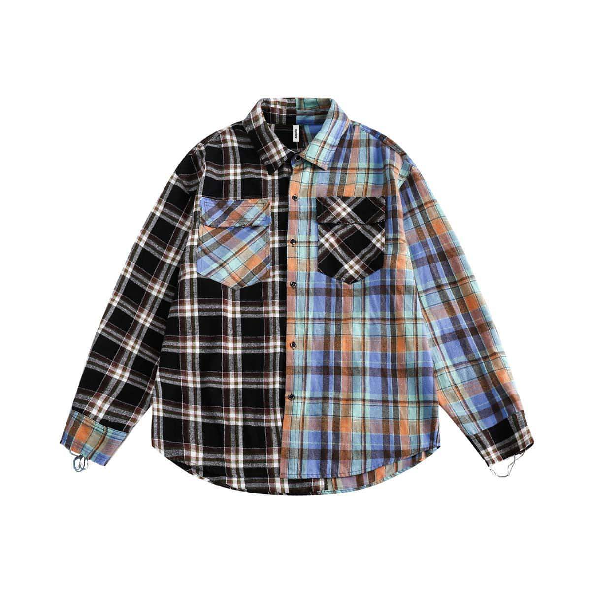 Japanese Trendy Spliced Plaid Blouse DressShirt CS51