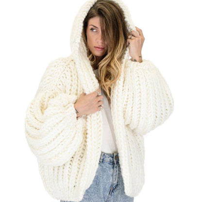 Loose And Hooded Cardigan Coat Handmade Knitting Needle Women's Knitted Sweater