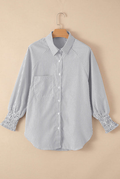 Smocked Cuffed Striped Boyfriend Shirt with Pocket