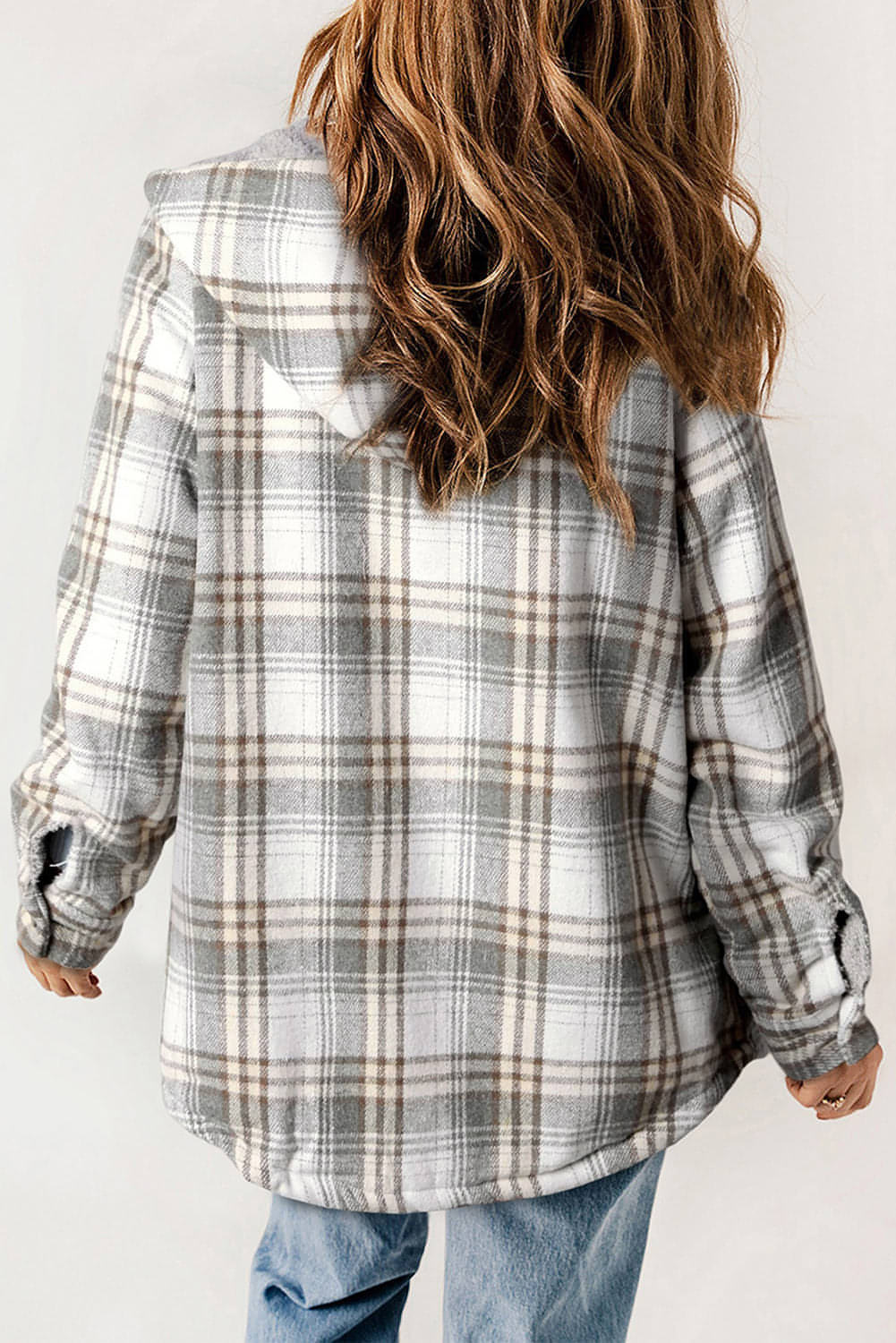 Gray Plaid Pattern Sherpa Lined Hooded Shacket