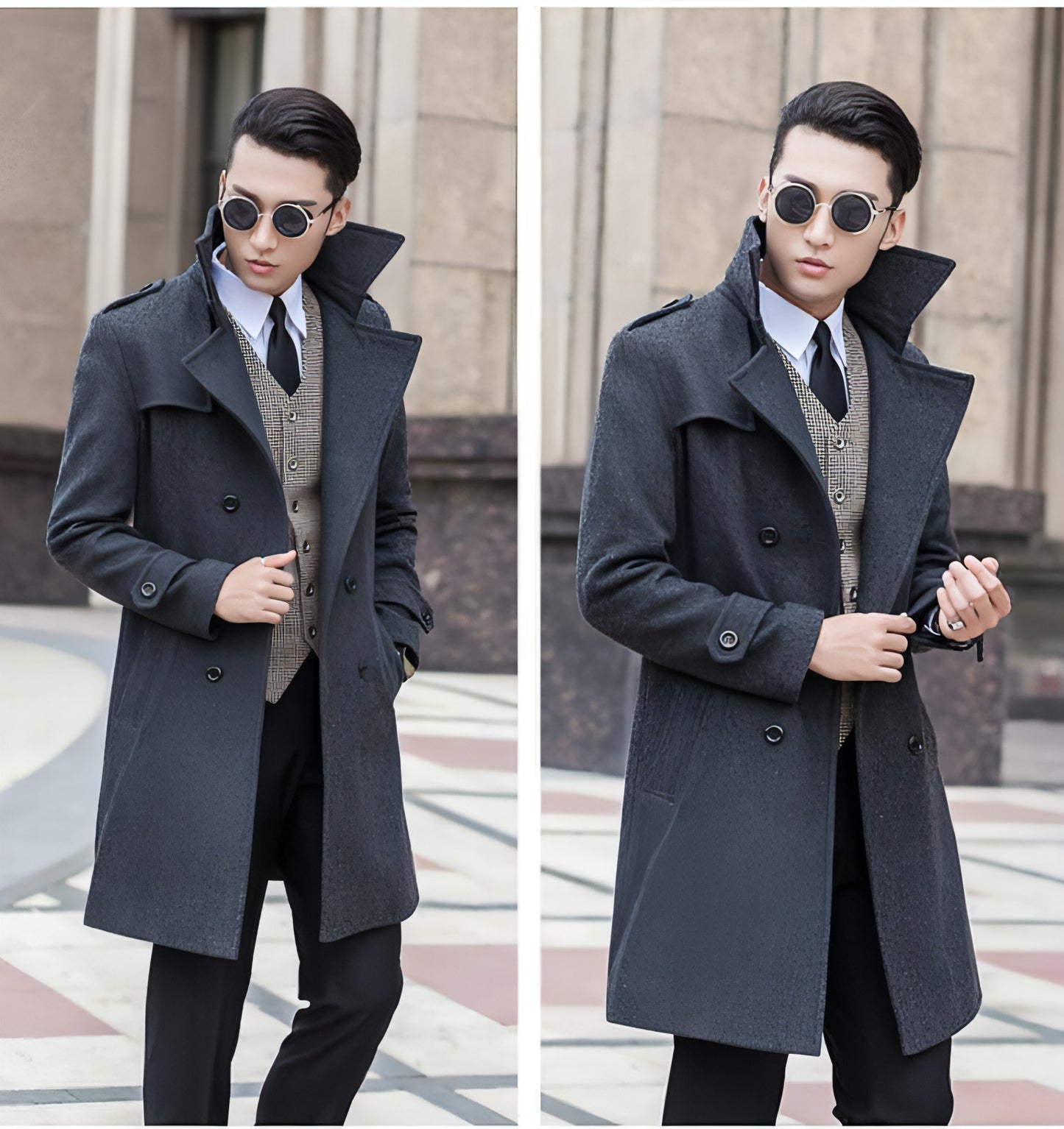 Woolen Striped Double Breasted Trench Coat Men