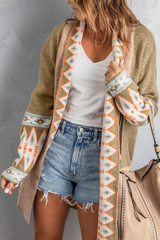 Khaki Aztec Print Open Front Sticked Cardigan