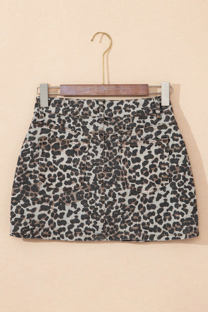 Kaki leopard denim minikjol