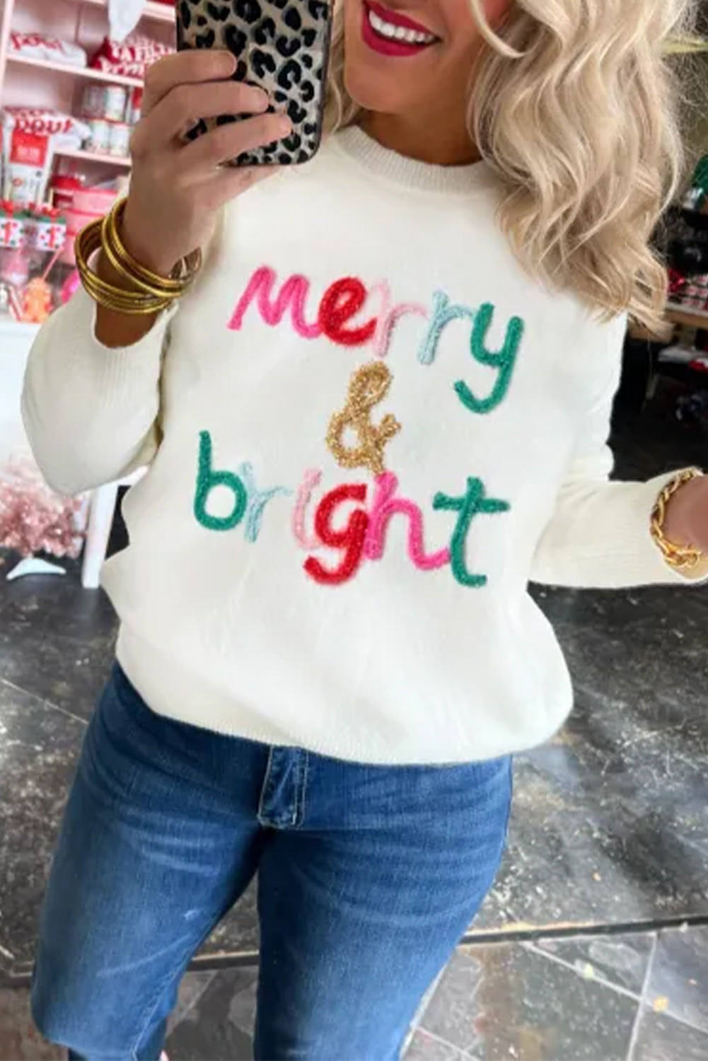 Vit Merry & Bright Round Neck Casual tröja