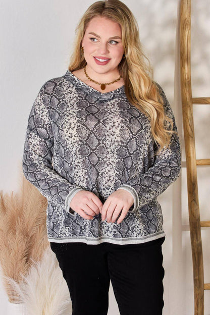 Hailey & Co Full Size Snakeskin V-Neck Long Sleeve Top