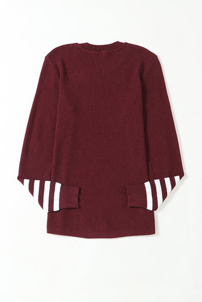 Red Striped Sleeve Plain Knit Sweater