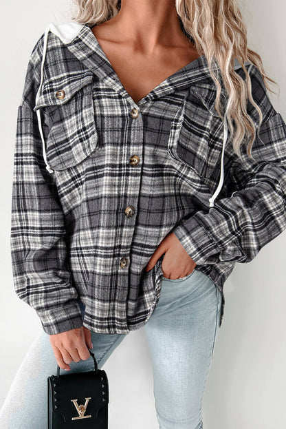 Black Plaid -Druckklappe Taschen kontrastieren Kapuze mit loser Shacket