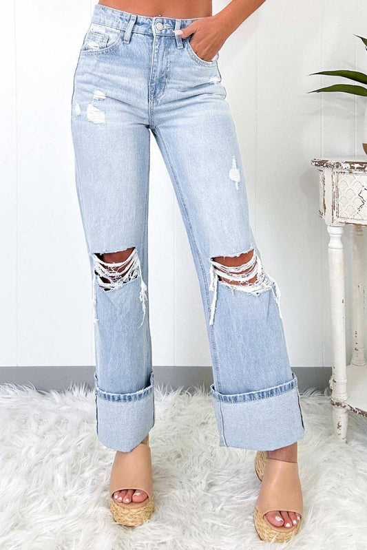 Beau Blue Light Wash nödställda flare jeans