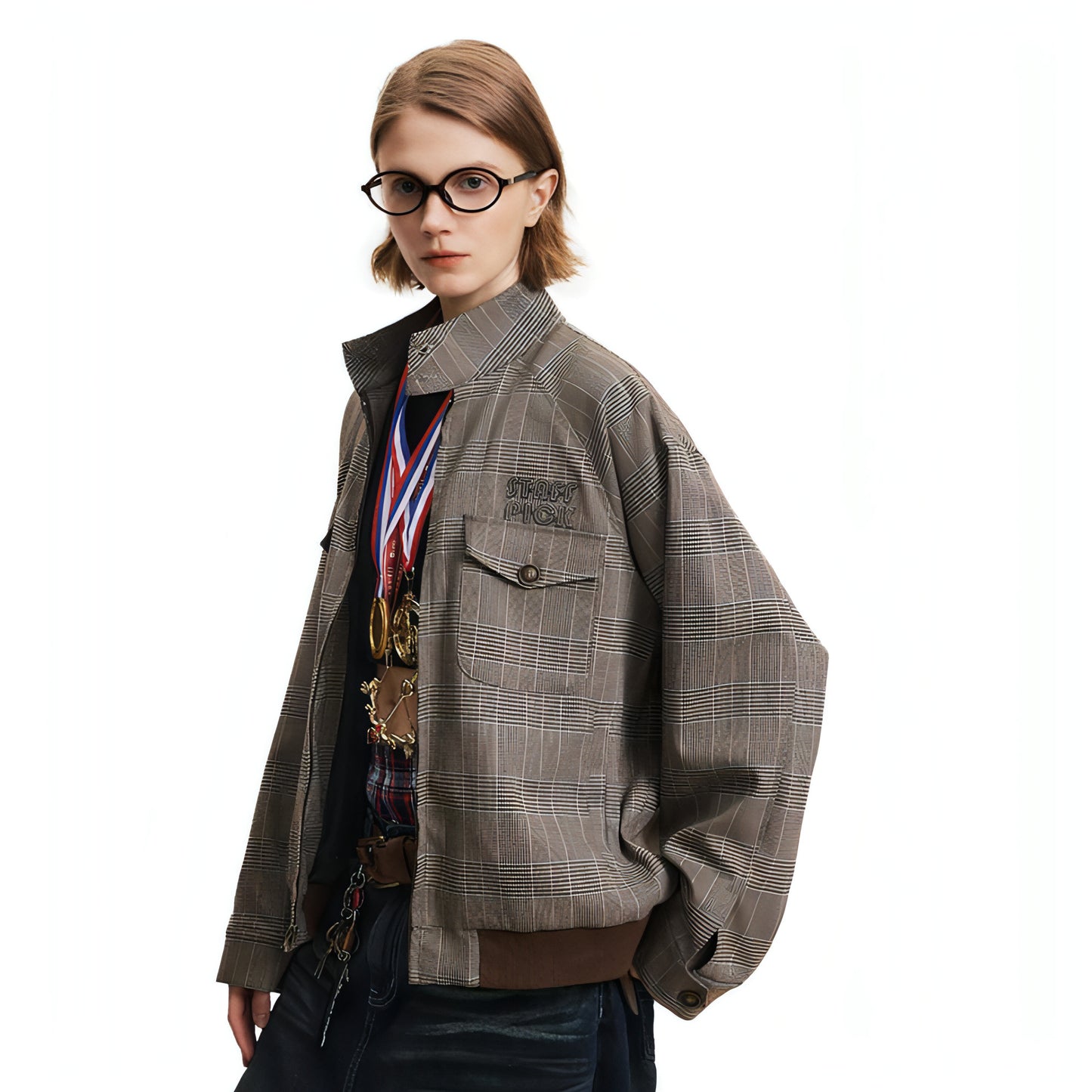 Plaid Loose-fitting Stand-up Collar Jacket Men And Women