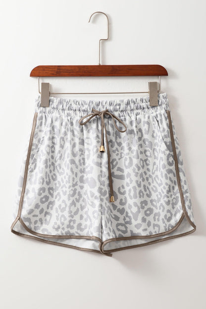 Hvit leopard elastisk midje snøring Kontraststrim uformelle shorts