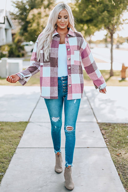 Chaqueta de manga larga con botones y bolsillo en bloques de colores a cuadros