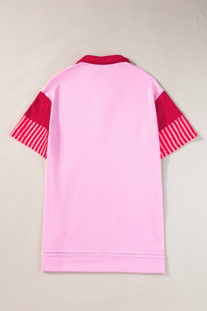 T-shirtjurk met roze strepen en colorblock-patchwork met korte mouwen