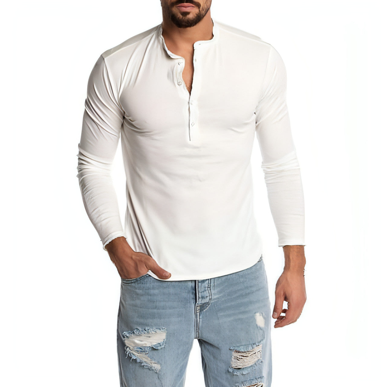 Camisetas de cuello redondo y manga larga de color liso a la moda para hombre