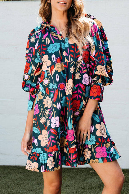 Green Floral Print Puff Sleeve Ruffled Mini Dress