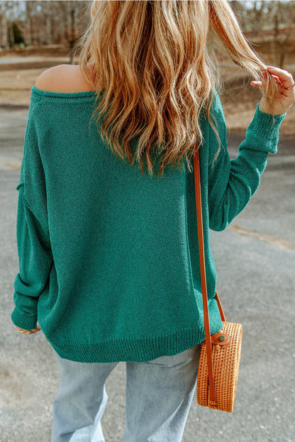 Groene effen kleur off-shoulder ribgebreide trui met zak