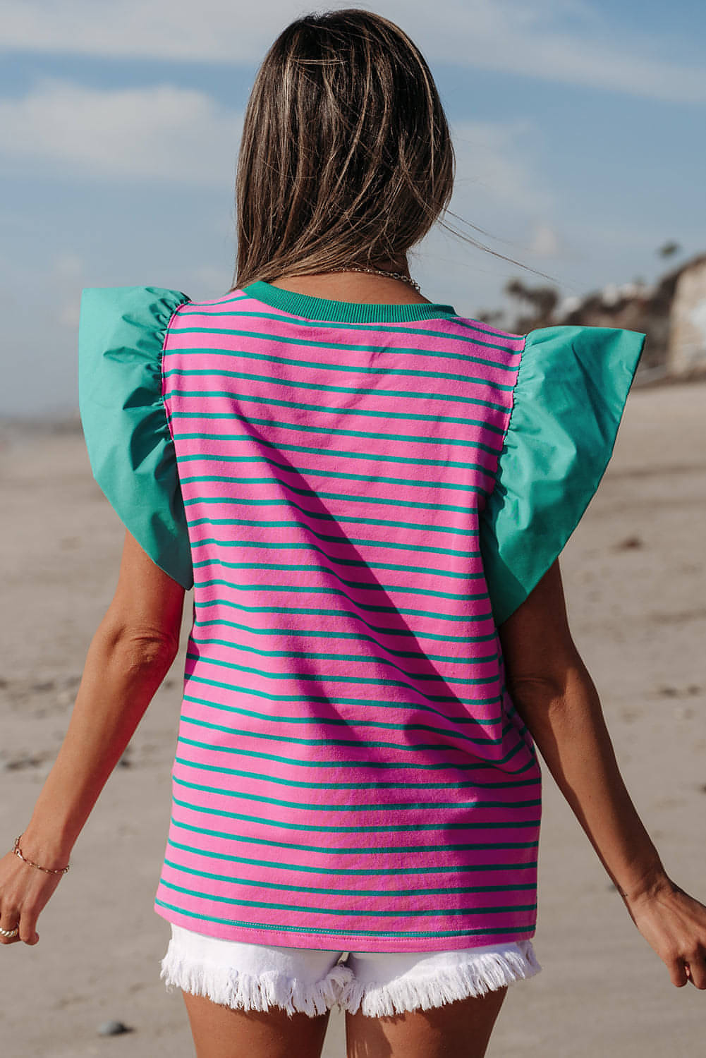 Rosa stripe Colorblock Ruffled Sleeve Bluse med rund hals