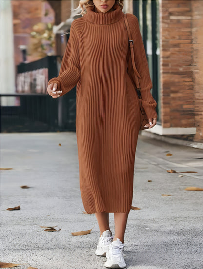 Long Below The Knee Loose High Collar Knitted Dress Sweater