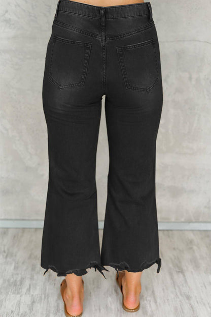 Black Distressed Hollow-out High Waist Cropped Flare Jeans