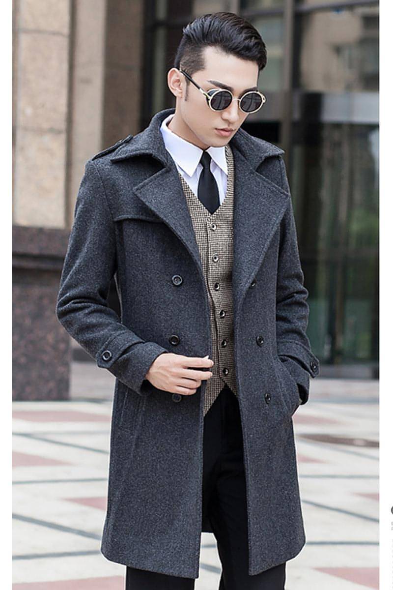 Woolen Striped Double Breasted Trench Coat Men