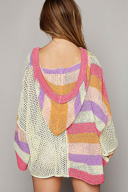 Maglione con cappuccio oversize rosa con scollo a V color block