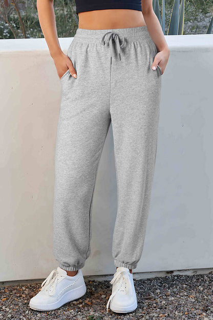 Light Grey Solid Color Fleece Lined Drawstring Waist Joggers