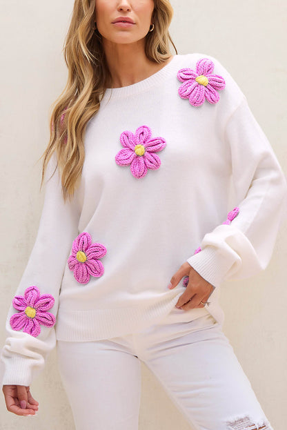 Hvit floral Heklet Chunky Knit Genser