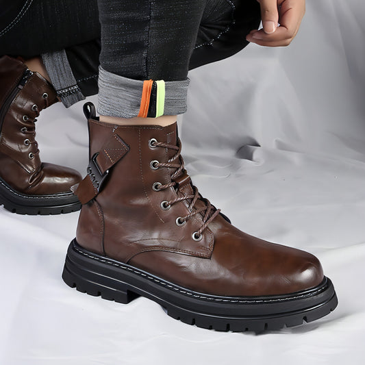 Botas casuales de piel de vaca para hombre, de otoño e invierno, con suela gruesa y punta redonda, cálidas