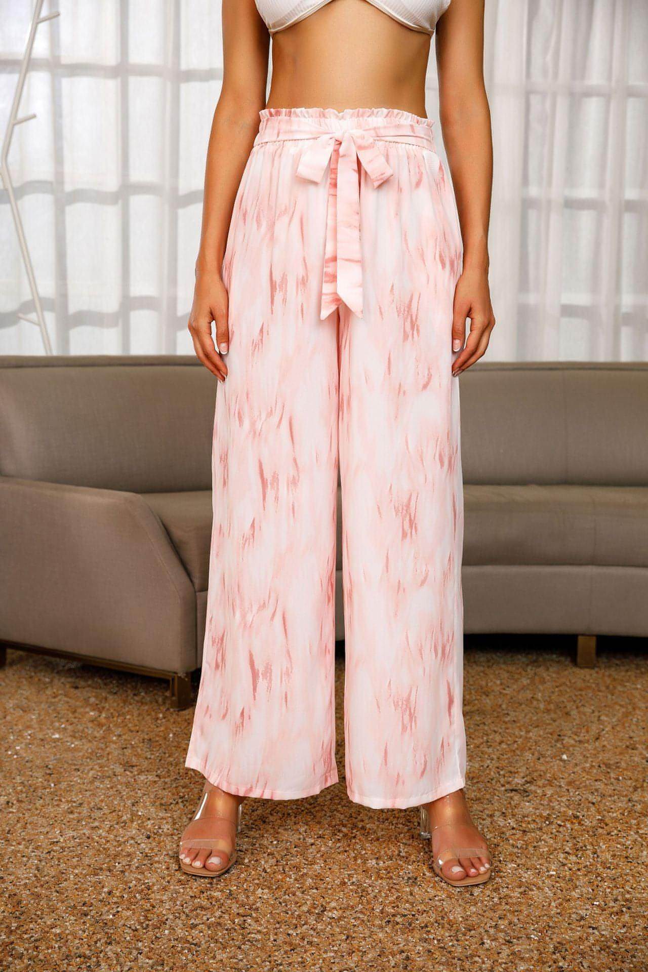 High-waisted Lace-up Chiffon Wide-leg Trousers