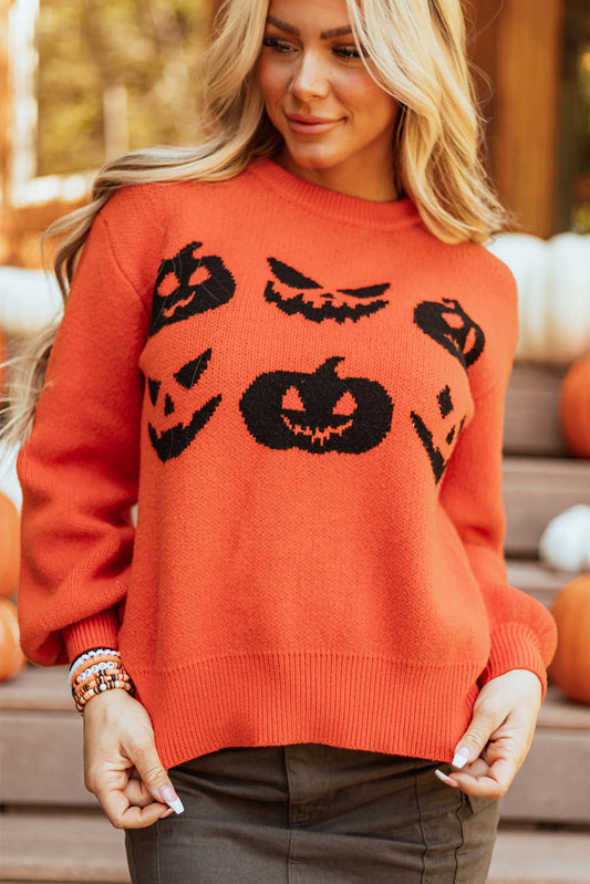 Orangefarbener Pullover mit tief angesetzter Schulterpartie und Halloween-Kürbisgesicht-Muster