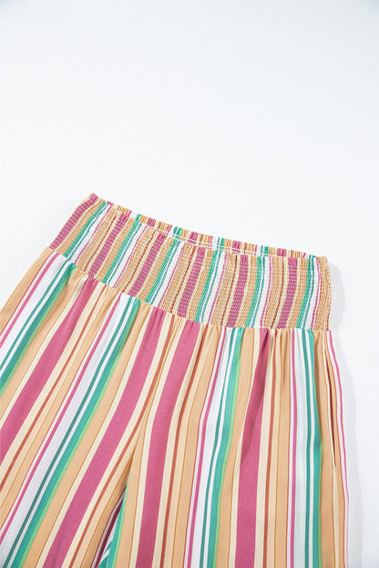 Pantalones de pierna ancha y cintura alta con frunces y rayas multicolores