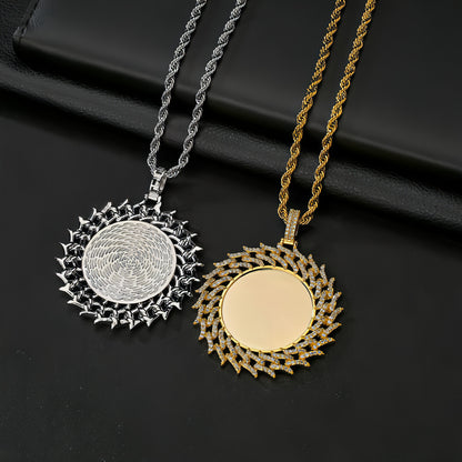 Personalized Round Diamond Sunflower Necklace – Custom Photo & Engraved Pendant