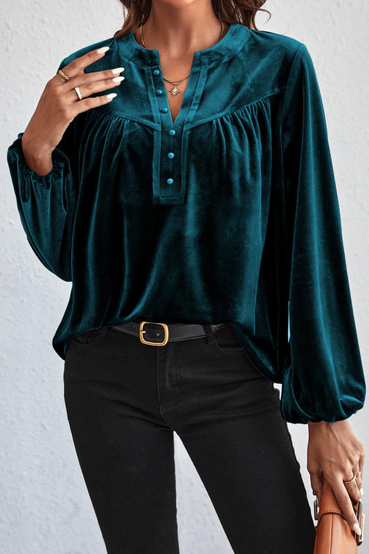 Skobeloff Lantern Sleeve Split V vratu Velvet Top