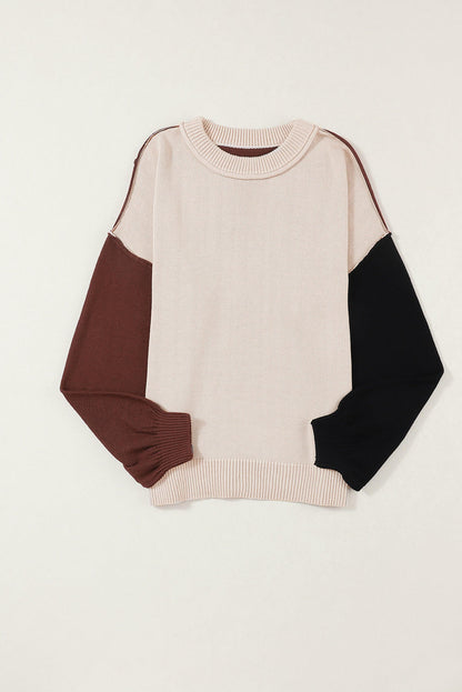 Coffee Colorblock Bishop Sleeve džemper s rebrastim ukrasima