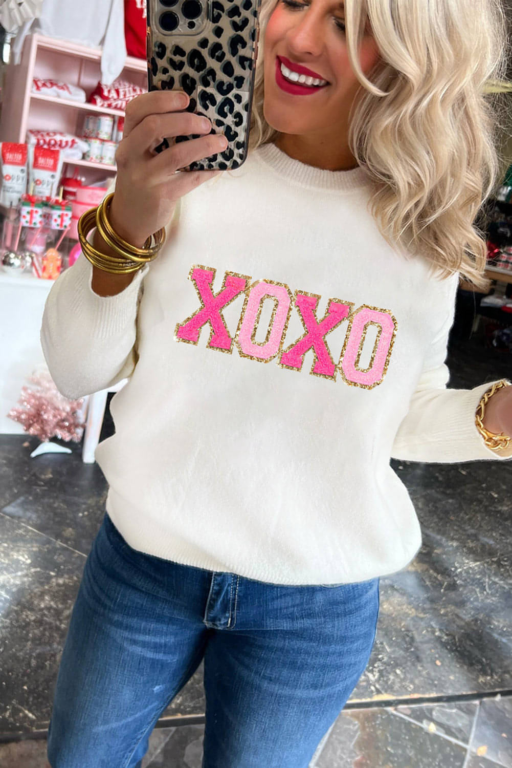 Hvit XOXO Glitter Print Rund Hals Casual Genser