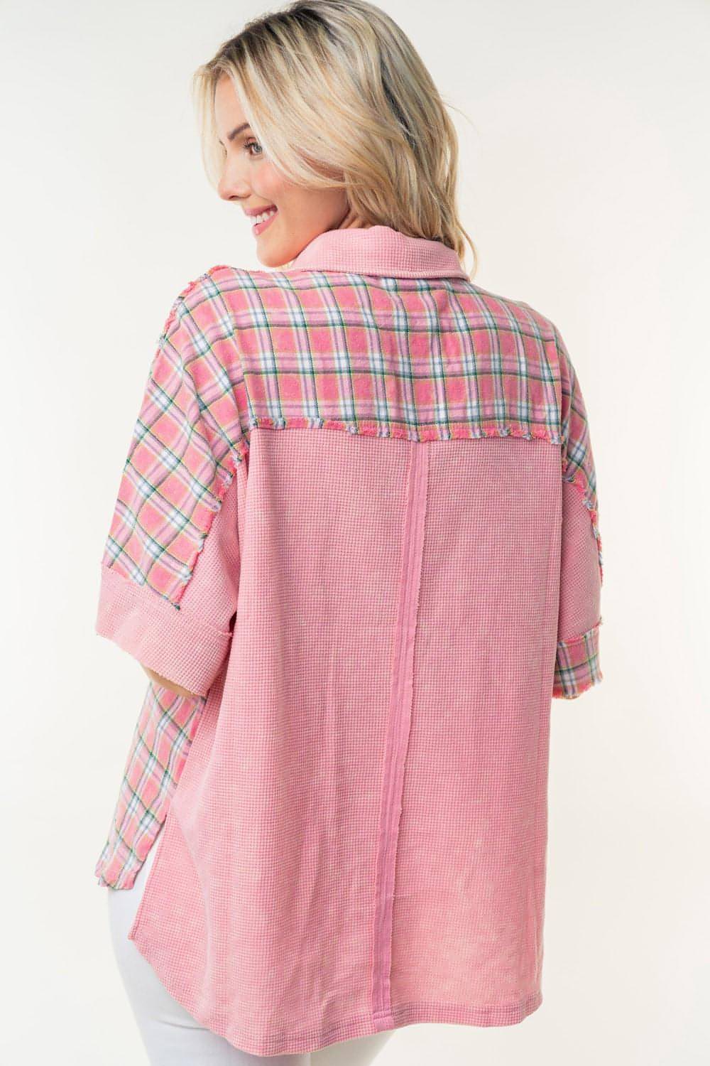 White Birch Plaid Color Block Half Button Top