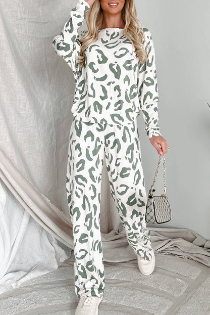 Beige Leopard Animal Print Long Sleeve and Pants Loungewear Set