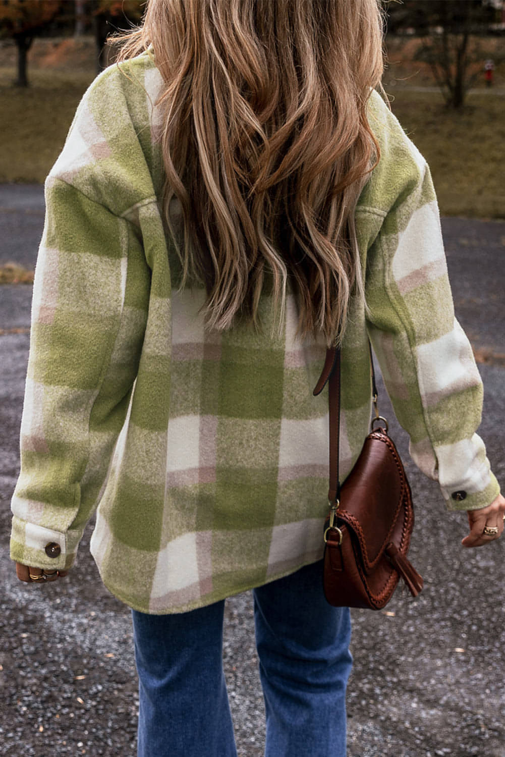 Sage Green Plaid Print Knappad klafffickor Baggy Shacket