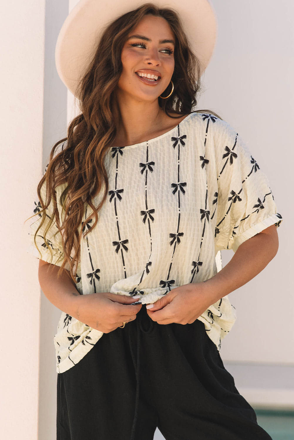 Beige Bow Print Puff Short Sleeve Top