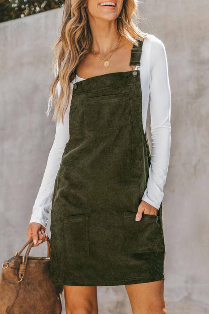 Vineyard Green Solid Frontlommer Ermeløs Corduroy Overall Dress