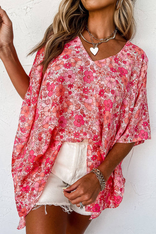 Blusa rosa boho floral v pescoço quimono