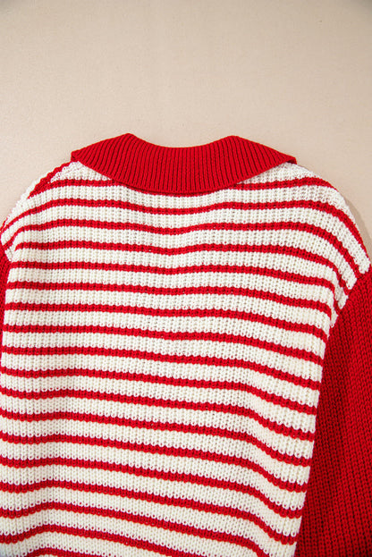 Red Stripe Lantern Sleeve V Golswar Drop Sweater